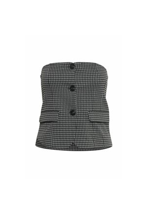Mustra houndstooth mustvalge ilma varrukateta topp, millel on sobiv disain, kolm esimest nuppu ja kaks esist taskut. Silutud kanga tekstuur.