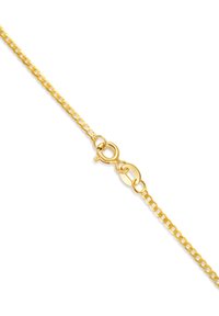 Goldfarbene Kette mit flachen, rechteckigen Gliedern und einem Karabinerverschluss. Die glatte Textur und der glänzende Finish verbessern das Design.