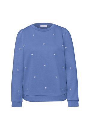 Blaues Sweatshirt mit langen Ärmeln, übersät mit kleinen weißen Herzmustern auf Vorderseite und Ärmeln, mit rundem Ausschnitt und enganliegenden Bündchen.