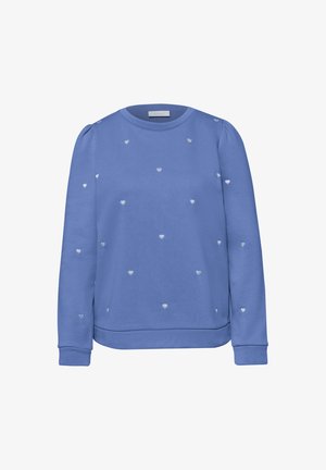 Blue long-sleeve sweatshirt with small white heart patterns scattered across the front and sleeves, featuring a round neckline and fitted cuffs.