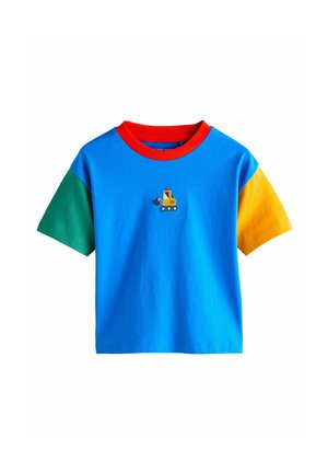 Short-sleeve t-shirt featuring blue body, red collar, green and yellow sleeves, with a yellow excavator embroidered on the front.