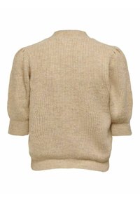 Beżowy dziany sweter z krótkim rękawem, z bufkami i ściągaczami, wyeksponowany z tyłu na białym tle.