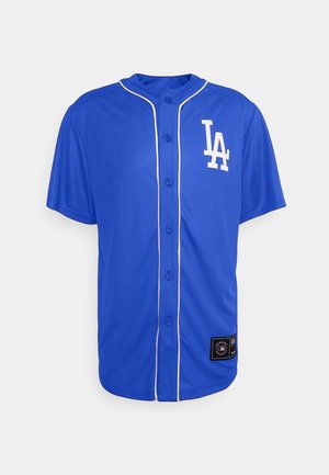 Blaues Los Angeles Dodgers Baseballtrikot mit kurzen Ärmeln, weißer Paspelierung, Knopfleiste vorne und Team-Logo auf der linken Brust.