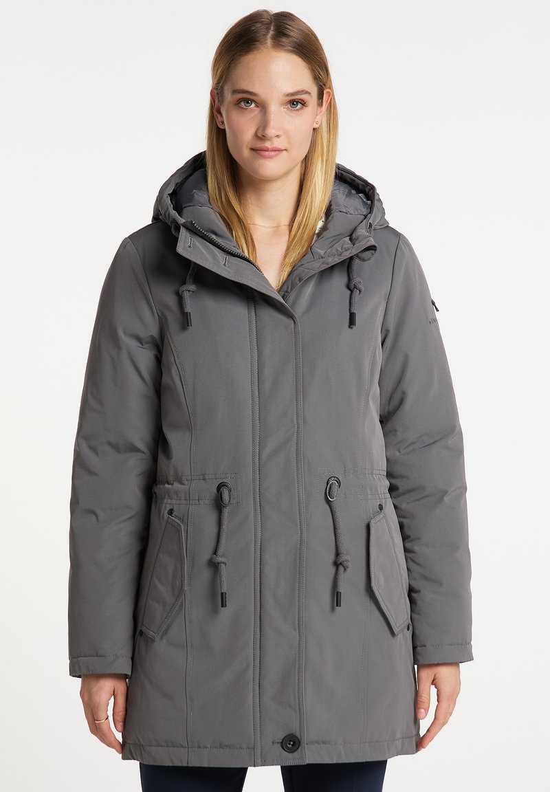 Grau isolierte Parka mit Kapuze, Zugbandsdetails, zwei Vordertaschen und Knopfverschluss. Glattes Obermaterial, warmes und funktionales Design.