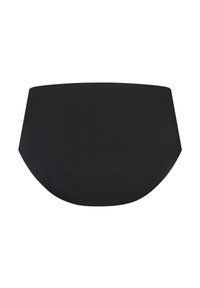 Fondo di bikini nero con una texture liscia, caratterizzato da una vita alta e una copertura completa. Costruzione semplice e senza cuciture, senza hardware visibile.