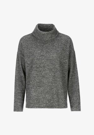 Grauer Rollkragenpullover aus einem weichen, strukturierten Strick. Mit lockerer Passform, überschnittenen Schultern und langen Ärmeln. Schlichtes und unauffälliges Design.