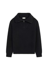 Pullover noir à côtes avec un col zippé à mi-hauteur, présentant un design en tricot texturé et des manches longues. L'ourlet est terminé par un bord tissé serré.