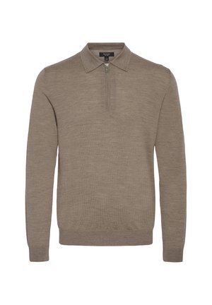 Pullover color marrone chiaro con colletto con zip, maniche lunghe e una texture morbida, realizzato in tessuto a maglia fine.