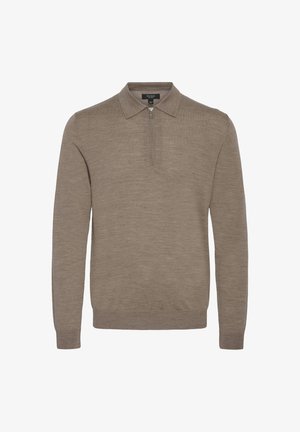 Hellbrauner Pullover mit einem Reißverschluss-Kragen, langen Ärmeln und einer weichen Textur, hergestellt aus feinem Strickmaterial.