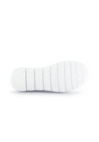White sneaker sole with textured pattern, featuring segmented tread and logo detail. Smooth finish, designed for traction and comfort.