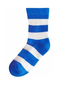 Sininen ja valkoinen raidallinen sukka, joka on valmistettu ribbitekstiilistä. Sukassa on vuorottelevia vaakaraitoja, ja sen yläosa ja varvasalue ovat kiinteää sinistä.
