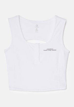 White cropped tank top made of cotton blend material. Features a keyhole cutout at the back and black printed logo details on the front.