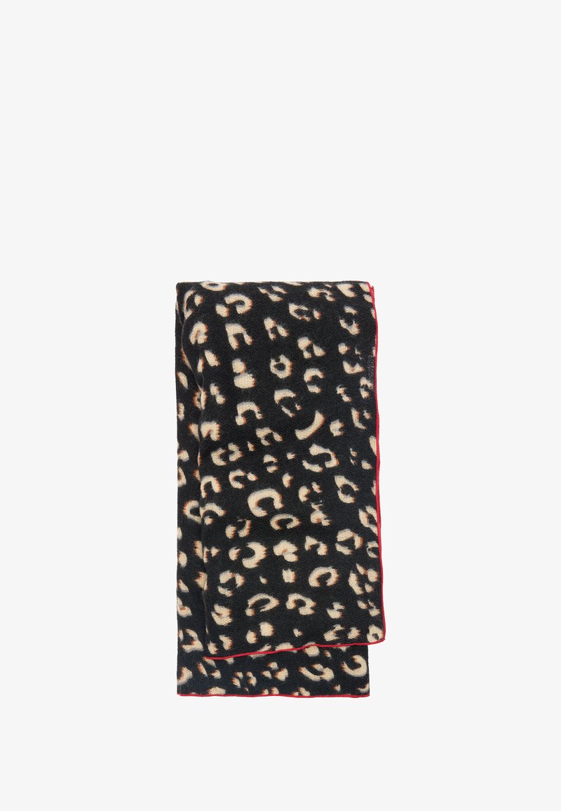 Czarny koc polarowy w wzór lamparta w odcieniach beżu i kremu, wykończony czerwonym obszyciem. Miękka tekstura i prostokątny kształt.