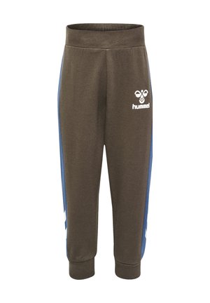 Mørkegrønne sweatpants med blå sidepaneler, der har en ribbet talje. Hummel-logoet i hvidt på fronten. Blødt materiale i bomuldsblanding.