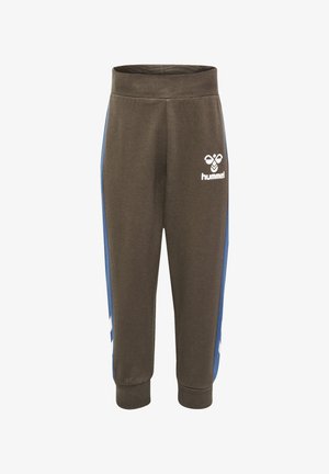 Mørkegrønne sweatpants med blå sidepaneler, der har en ribbet talje. Hummel-logoet i hvidt på fronten. Blødt materiale i bomuldsblanding.