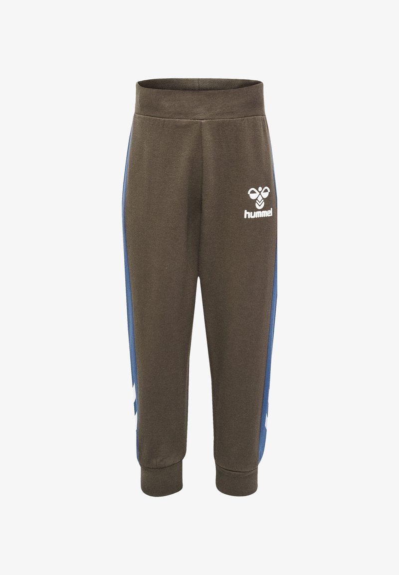 Mörkgröna sweatpants med blå sidopaneler, med en ribbad midja och Hummel-logotypen i vitt på framsidan. Mjukt, blandat bomaterial.