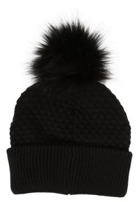 Black knit beanie with a textured pattern and a fluffy black pom-pom on top. Features a ribbed cuff for added warmth and fit.