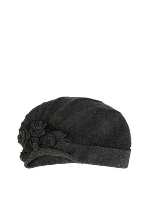 Dark gray wool beret with a folded band and decorative fabric flowers on one side.