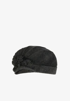 Dark gray wool beret with a folded band and decorative fabric flowers on one side.