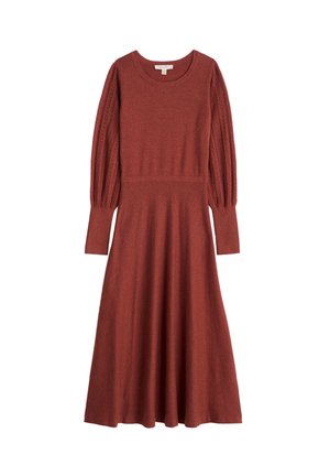 Abito color ruggine a lunghezza ginocchio realizzato in tessuto morbido. Presenta un corpetto aderente con maniche a sbuffo texturizzate e una silhouette svasata.