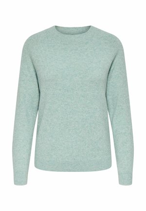 Light green sweater made of soft fabric. Crew neckline, long sleeves, and ribbed hem. Smooth texture with a subtle heathered pattern.