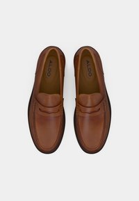 Mocassins en cuir marron avec une finition lisse, un profil bas et des coutures décoratives le long des bords. Nom de la marque "ALDO" visible à l'intérieur.