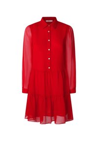 Robe chemise rouge à manches longues en tissu transparent, avec un col classique, une patte de boutonnage et un ourlet à volants en plusieurs niveaux.
