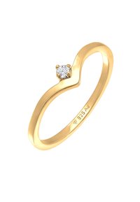 Guldring med et bølget bånddesign, der har en enkelt rund diamant sat i en prong. Glat overflade med en poleret finish.