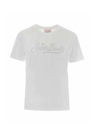 T-shirt bianca a maniche corte con scollo rotondo con la scritta "Saint Barth" decorata con piccoli strass sul petto.