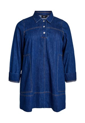 Dark blue denim tunic with long sleeves, folded cuffs, front patch pockets, three-button placket, and collar, displayed on a white background.