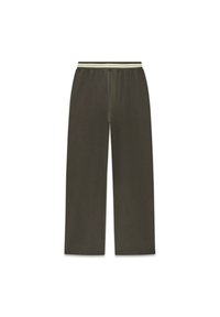 Pantalon vert foncé à jambes droites avec une taille élastique comportant des rayures blanches et grises, présenté sur fond blanc.