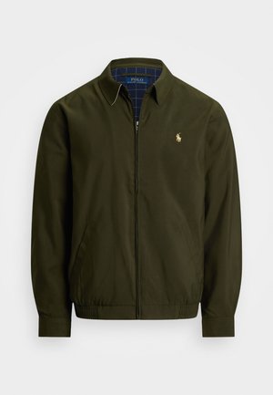Olive green bomber jacket with a zip front, elastic cuffs, side pockets, and a small embroidered logo. Checkered interior lining and collar.