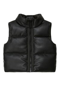 Black puffer vest made from smooth synthetic material, featuring a high collar, front zipper, and quilted design with padded sections.