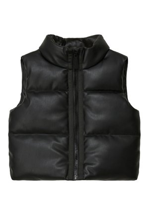 Black puffer vest made from smooth synthetic material, featuring a high collar, front zipper, and quilted design with padded sections.