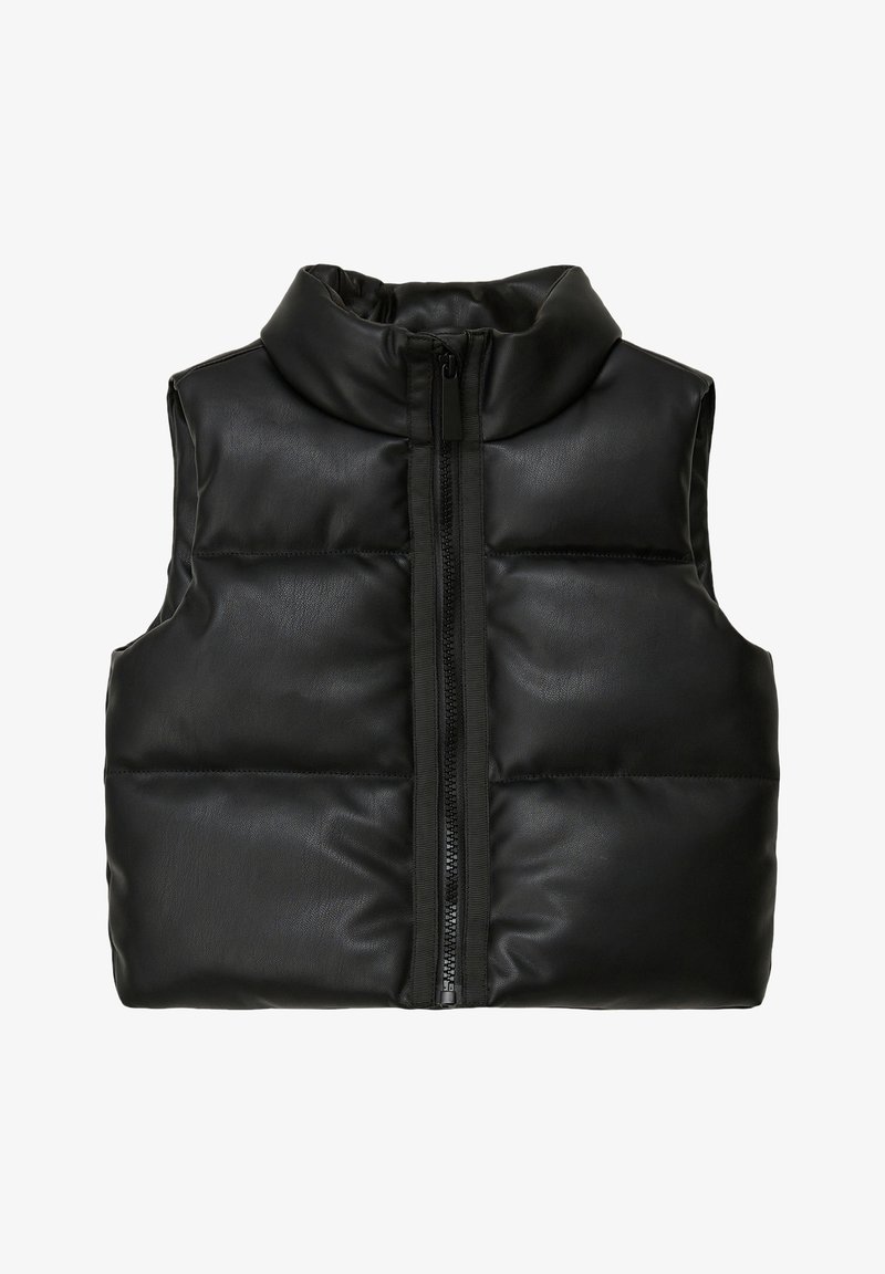 Black puffer vest made from smooth synthetic material, featuring a high collar, front zipper, and quilted design with padded sections.