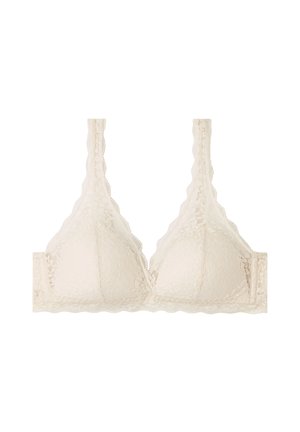 Spitzen-Bralette in hellem Beige mit gewellten Kanten, Dreieckskörbchen und verstellbaren Trägern. Strukturierte Oberfläche mit aufwendigen Spitzenverzierungen.
