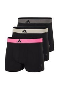 Trzy pary czarnych bokserek z elastycznymi pasami w różowym i szarym kolorze, z delikatnym paskowanym wzorem i detalem z logo.
