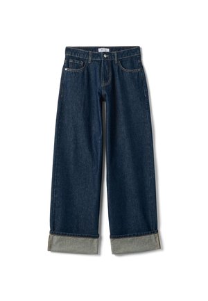 Dunkelblaue, weit geschnittene Jeans aus Denim mit umgeschlagenen Bündchen und Fünf-Taschen-Design; mit Kontrastnähten und einem regulären Bund.