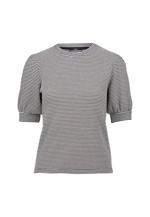 Black and white checkered short-sleeve top with a round neckline and subtle puffed sleeves, made from a textured fabric.