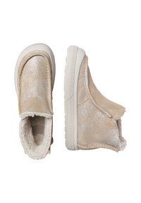 Stivali slip-on beige con finitura metallica, morbida fodera in pelliccia sintetica e suola in gomma. Design arrotondato con superficie testurizzata e cuciture minime.