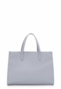 Ljusgrå handväska i slätt syntetmaterial. Har två robusta handtag, rektangulär form och en minimalistisk design utan utsmyckningar.