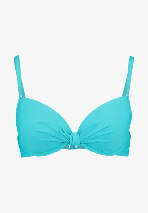 Turkizni bikini zgornji del z zavezanim sprednjim detajlom, nastavljivimi naramnicami in gladko teksturo blaga. Diskretno oblikovanje v košaricah.