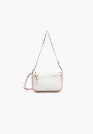 White patterned crossbody bag with pink leather accents, silver chain strap, zippered compartments, and rectangular shape. Textured finish.