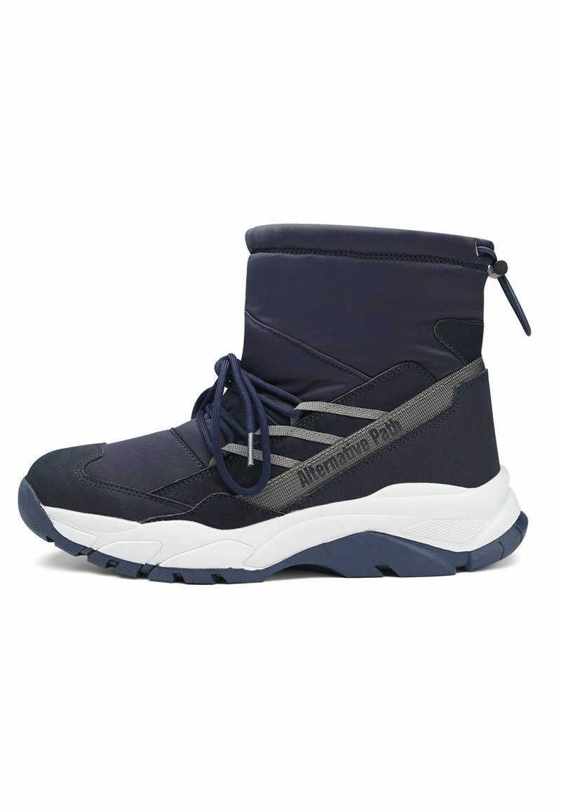 Stivale invernale blu con dettagli grigi e lacci elastici. Realizzato in materiale resistente all'acqua, presenta una suola bianca spessa e un collare imbottito.