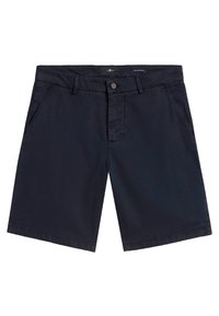 Shorts bleu marine en mélange de coton, dotés d'une fermeture éclair, d'un bouton, de deux poches latérales et d'un ourlet propre sans motifs.