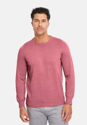 Suéter de manga larga con cuello redondo en color rosa polvoriento, hecho de una tela suave, con puños y dobladillo acanalados, combinado con pantalones gris claro.