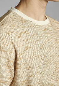 Suéter texturizado beige con un sutil patrón tejido, que presenta un cuello redondo en crema y un ajuste relajado. Tela estructurada pero suave.