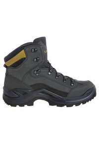 Stivale da trekking grigio scuro e nero con dettagli in tessuto giallo, occhielli in metallo e suola robusta, mostrato dal lato esterno su uno sfondo bianco.