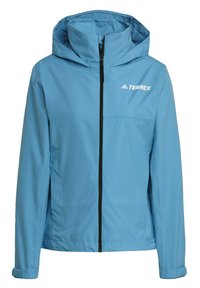 Blauwe waterdichte jas met een ritssluiting aan de voorkant, een capuchon en zwarte hardware; heeft een borstzak en het 'TERREX' logo aan de bovenste rechterkant.