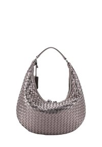 Woven metallic silver handbag with a semi-circular shape, featuring a structured handle and textured surface accents. Zipper closure on top.